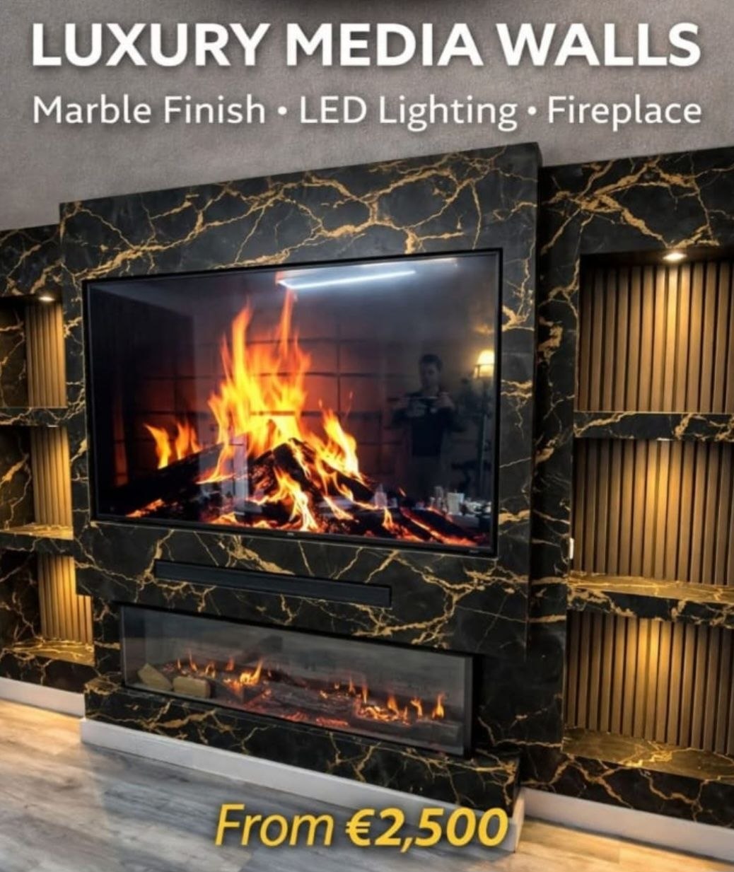 Luxury media wall with marble finish