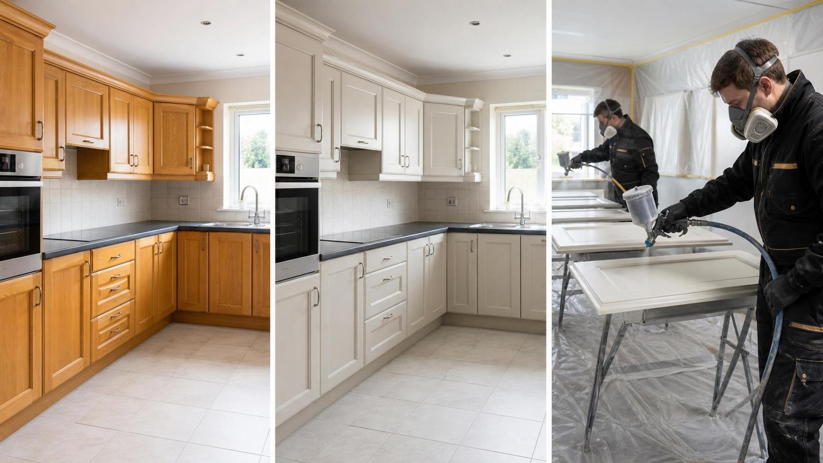 Before and after kitchen cabinet spraying transformation by Amazing Homes