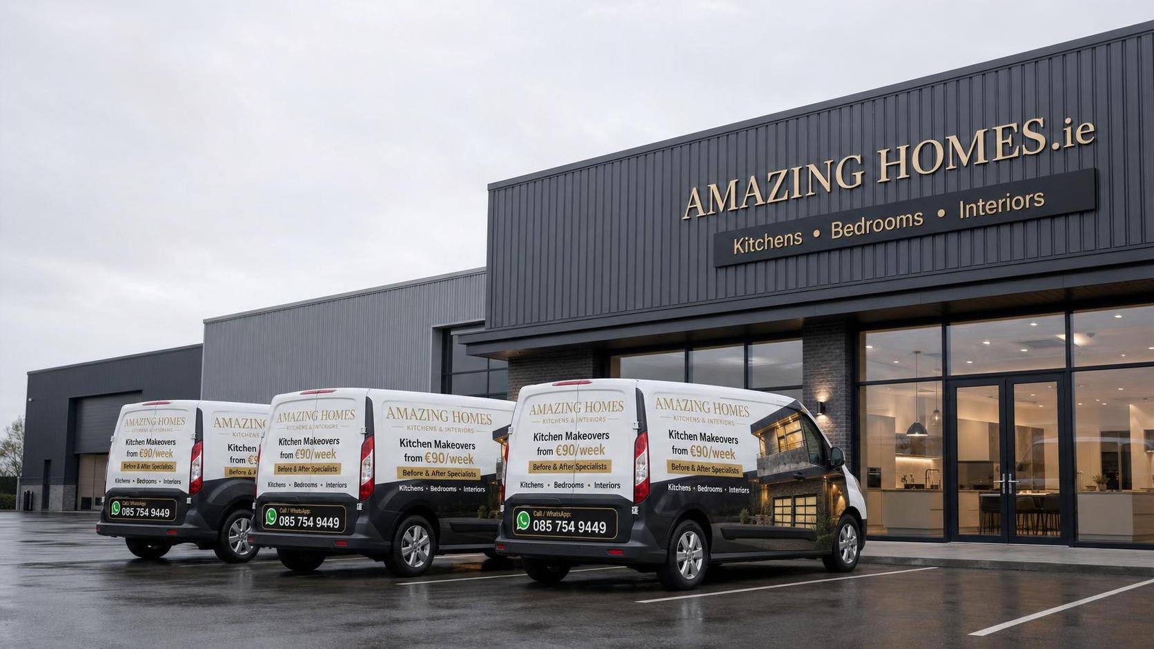 Amazing Homes branded vans outside the Amazing Homes.ie showroom
